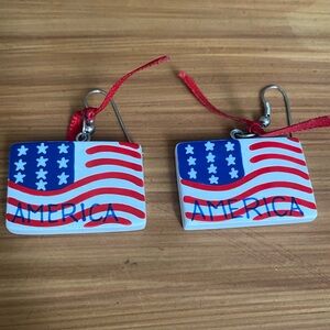 Vintage Handcrafted Painted American Flag Earrings with Red Ribbon